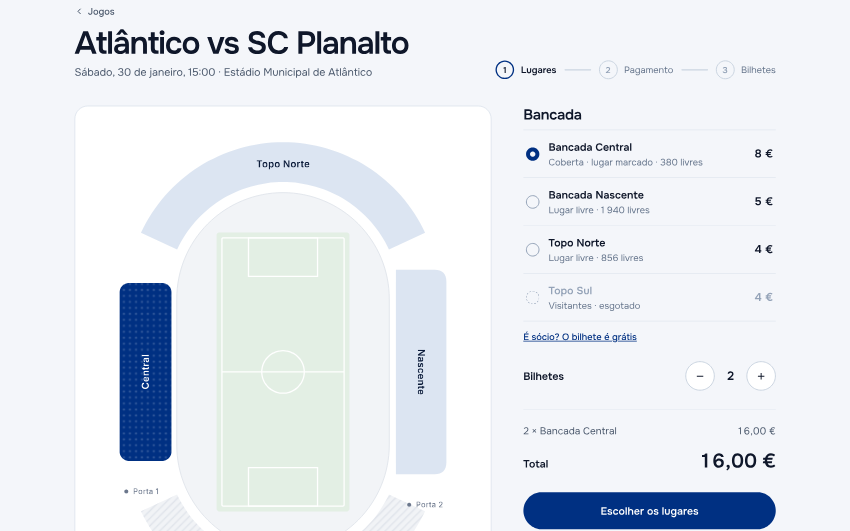 Página de compra do jogo com o mapa do estádio, as bancadas com preço e lugares livres, e o total.