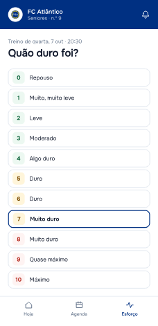 Ecrã da app do jogador para dizer quão duro foi o treino, de 0 a 10, com os minutos de treino.