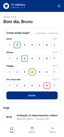 Questionário de bem-estar da manhã e agenda do dia na app do jogador.
