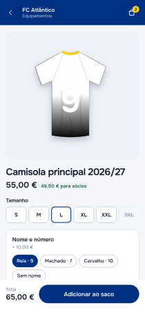Camisola principal no telemóvel, com escolha de tamanho, nome e número.