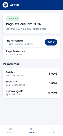 Quotas em dia e histórico de pagamentos na app de sócio.
